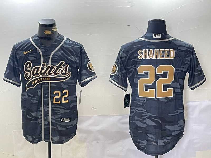 Mens New Orleans Saints #22 Rashid Shaheed Grey Camo With Patch Cool Base Stitched Baseball Jerseys